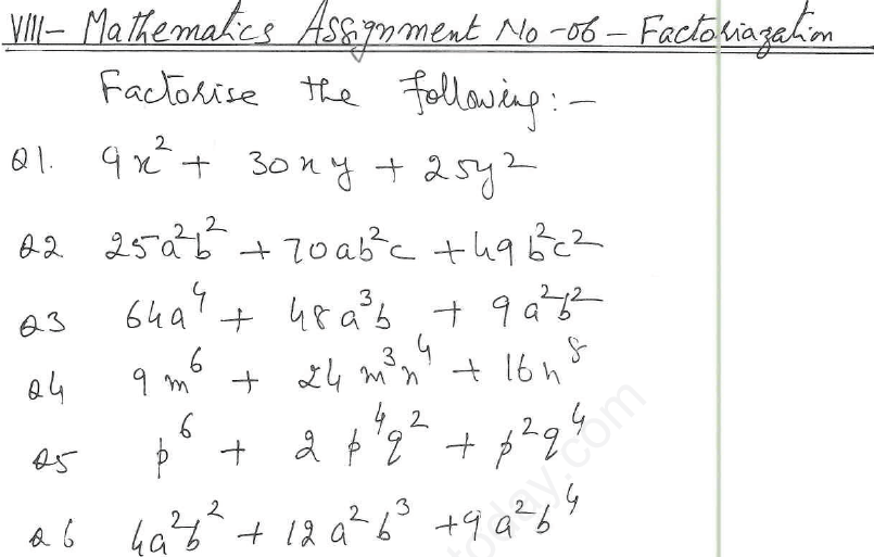 CBSE Class 8 Mathematics Factorisation Assignment Set I
